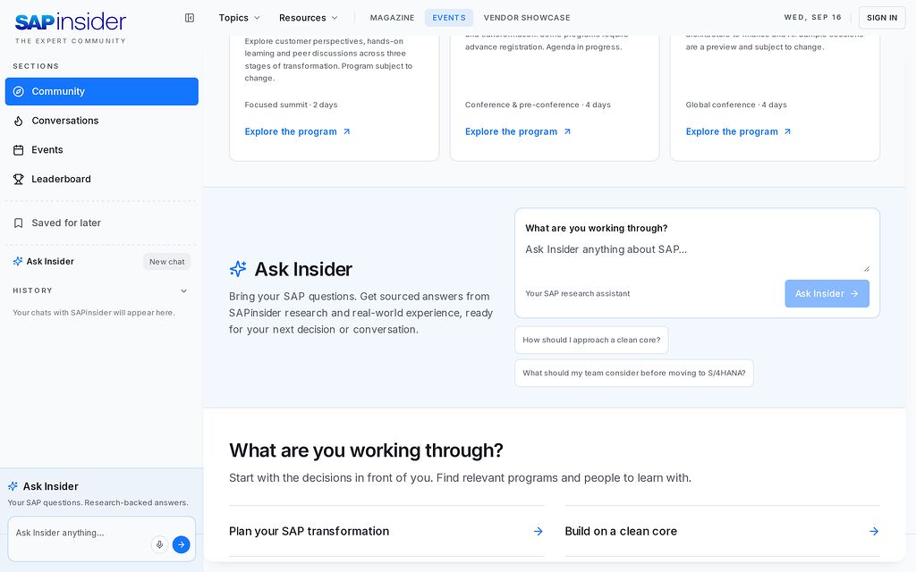 Autonoma preview: SAPinsider community homepage with sections for Community, Conversations, Events, Leaderboard and Saved for later, chat history, and an Ask Insider question panel