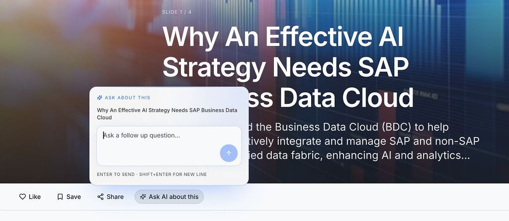 An article in Autonoma’s reader with the Ask about this box open: the article’s title and a follow-up question field, above the Like, Save, Share and Ask AI about this buttons