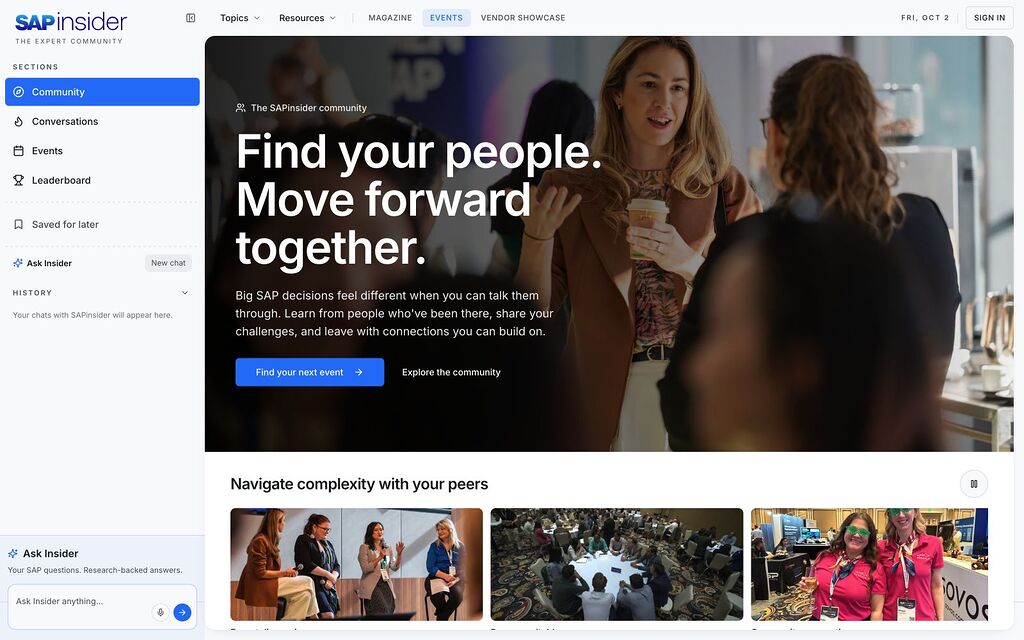 Autonoma community home: the headline “Find your people. Move forward together.” over a photo of attendees talking at an event, with Find your next event and Explore the community buttons and event photos below; the section rail on the left lists Community, Conversations, Events, Leaderboard, Saved for later and Ask Insider
