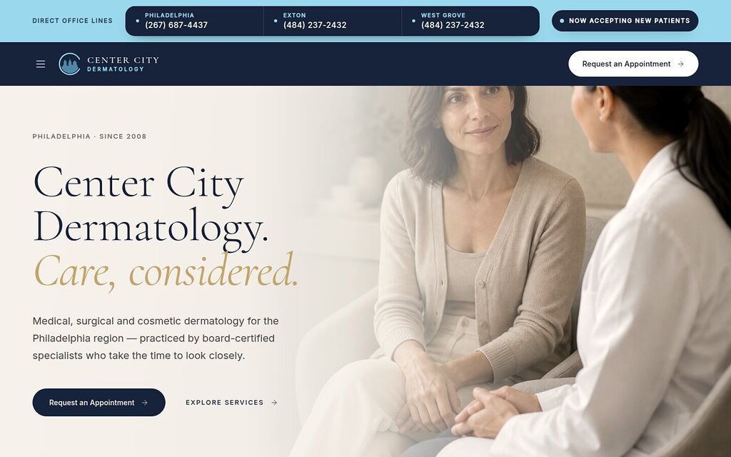 Center City Dermatology homepage: direct phone lines for the Philadelphia, Exton and West Grove offices and Request an Appointment calls to action