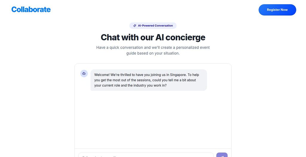 AI concierge chat opening message asking about the visitor's role and industry