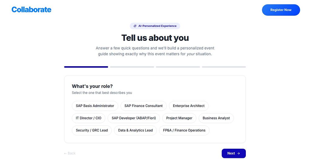 Guided choices: 'Tell us about you', with role options such as SAP Basis Administrator, Enterprise Architect and FP&A / Finance Operations