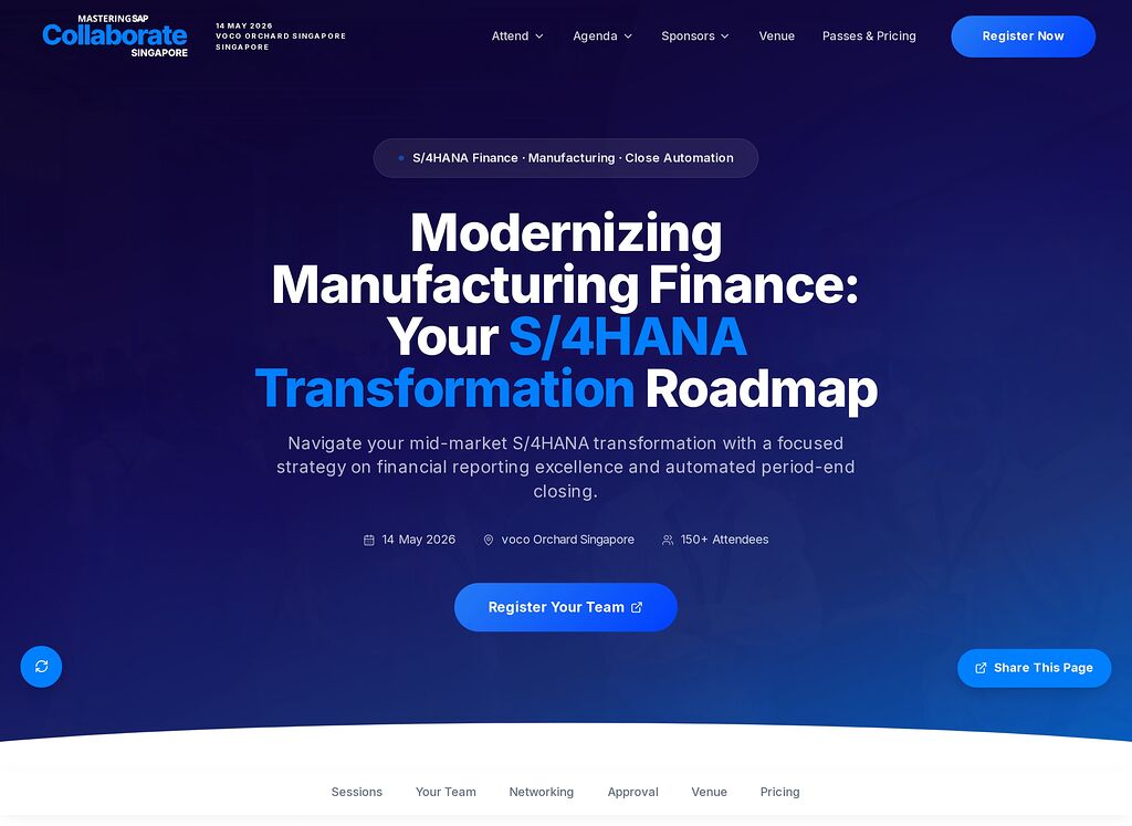 A generated guide headed Modernizing Manufacturing Finance: Your S/4HANA Transformation Roadmap, with topic tags, a Register Your Team button and tabs for its six sections