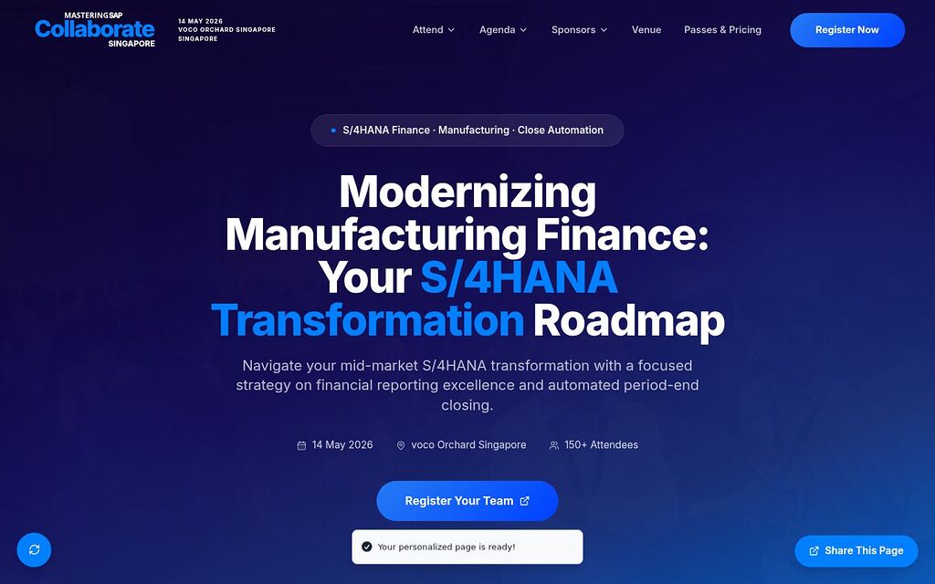 A generated personalized page titled 'Modernizing Manufacturing Finance: Your S/4HANA Transformation Roadmap', with topic tags and a Register Your Team button