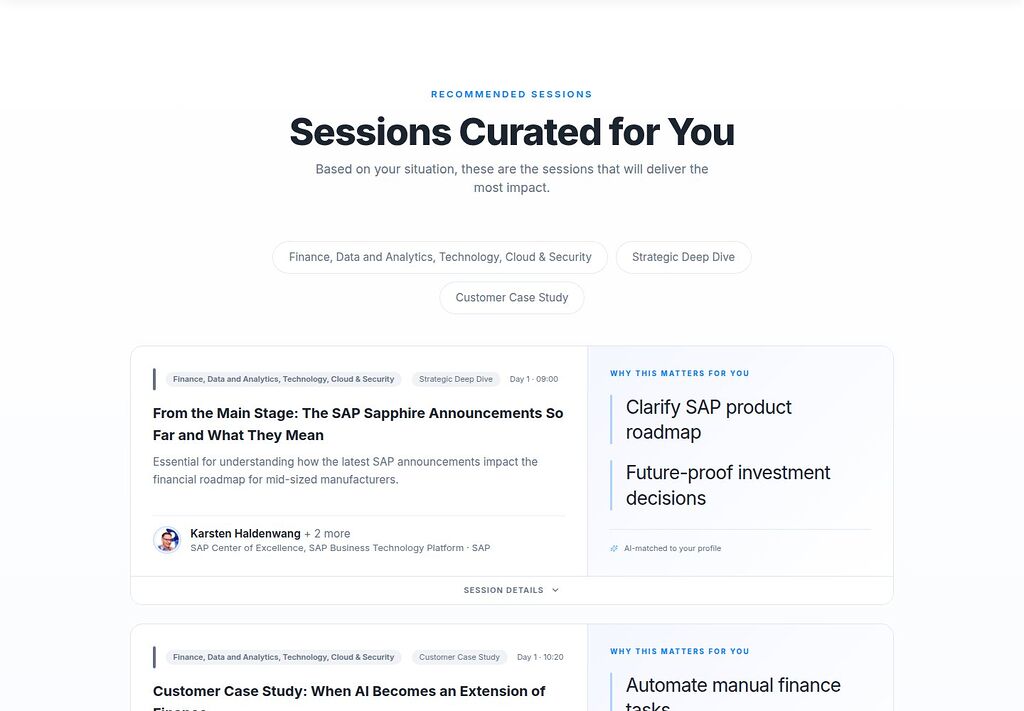 Recommended sessions curated for the visitor, each with a 'Why this matters for you' explanation
