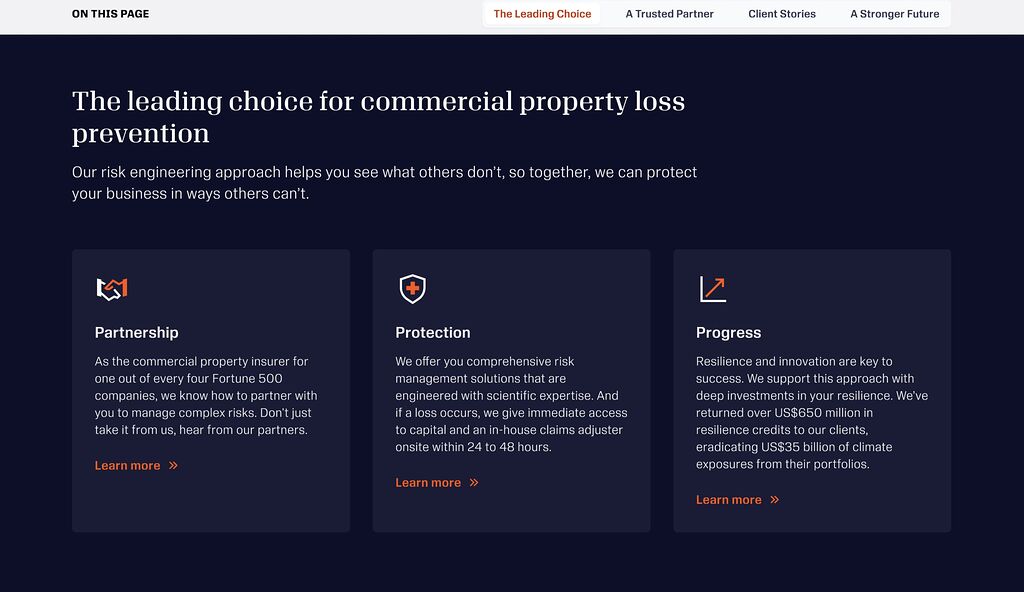 An FM.com section headed The leading choice for commercial property loss prevention, with three cards under the On this page anchor bar