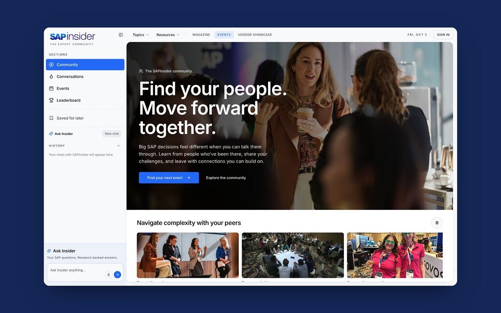 Autonoma: the community home, with the headline “Find your people. Move forward together.” over an event photo and Ask Insider in the left rail