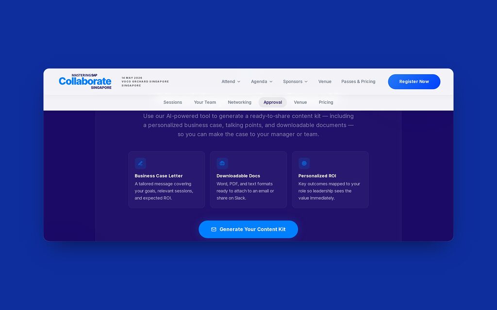 The guide’s Approval section: a content kit with a business case letter, downloadable documents and personalized ROI, and a Generate Your Content Kit button