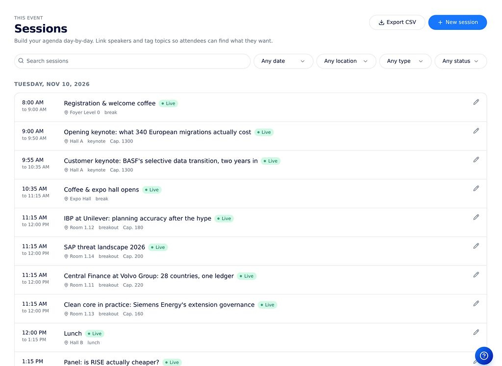 One day of an event agenda: sessions with times, rooms and status