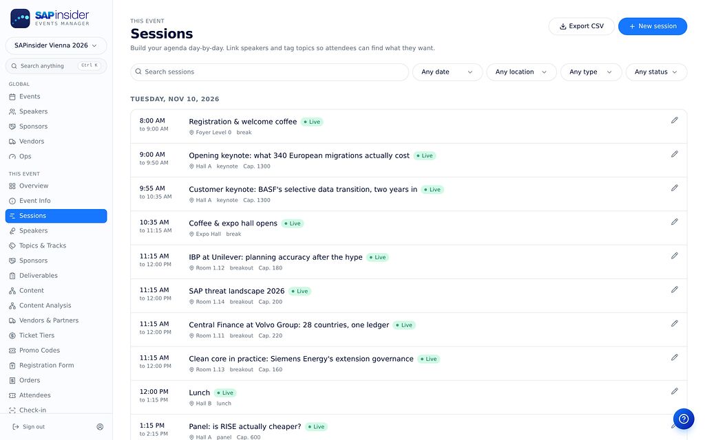 Events Manager: the agenda for one event, with the module list in the sidebar
