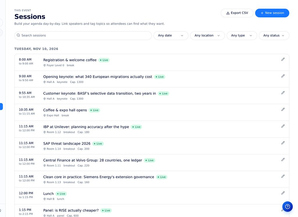Multiday agenda with sessions, times and speakers