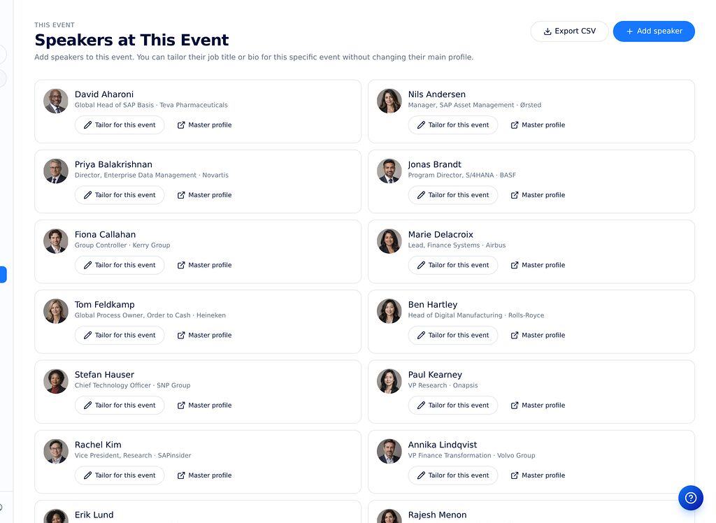 Speakers assigned to an event, each with a tailored profile