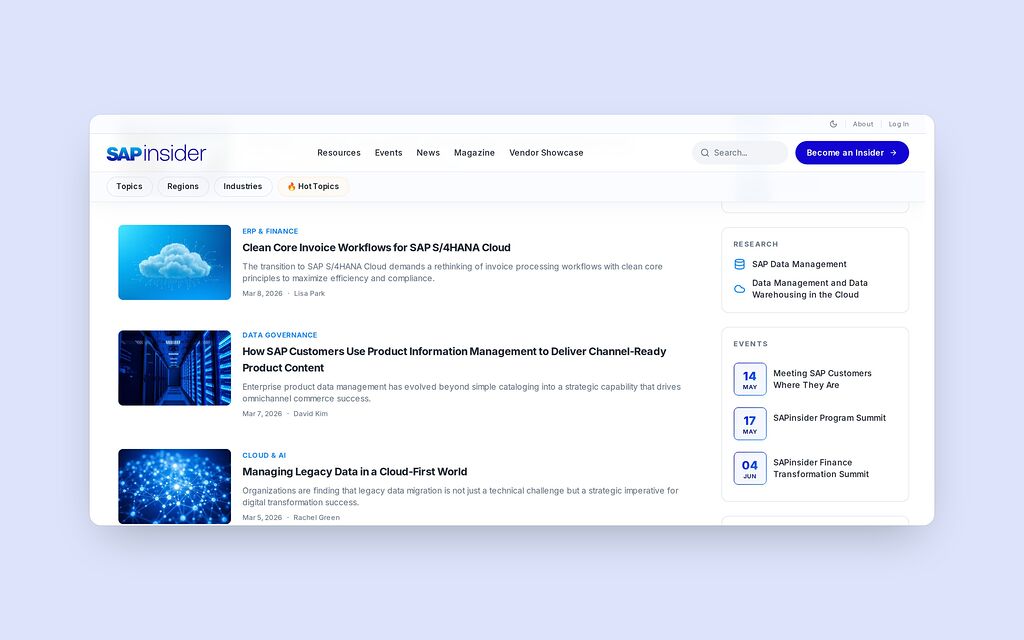 The latest articles, with research, events and webinars in a side column